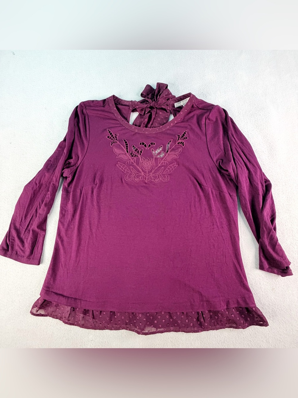 Daniel Rainn Purple Peplum Boho Blouse Womens Large Back Bow Ruffle Feminine